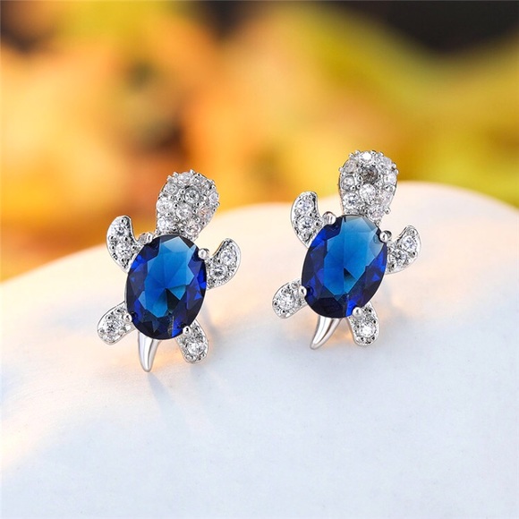 “Just Keep Swimming” Blue Turtle Diamond Earrings - Picture 10 of 10